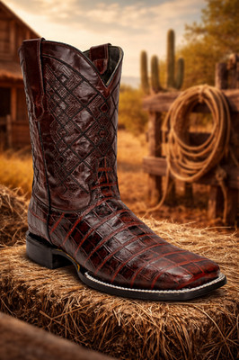 Genuine Leather Exotic Alligator Print Square Toe Cowboy Boots - Black Cherry