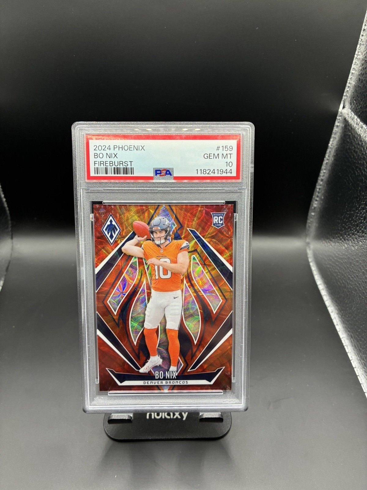 Bo Nix Panini 2024 Phoenix Rookies RC Fire Burst /350 #159 Broncos PSA 10