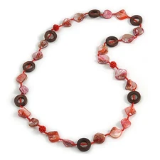 Red Shell, Brown Wood Ring and Brick Red Glass Beads Necklace - 80cm Long