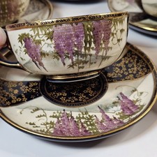 Antique Japanese Satsuma Tea Set Hand-Painted Wisteria Mount Fuji Maple 10 piece