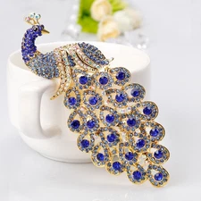 Elegant Blue Peacock Brooch Pin Crystal Rhinestone Bird Jewelry Gift Women New