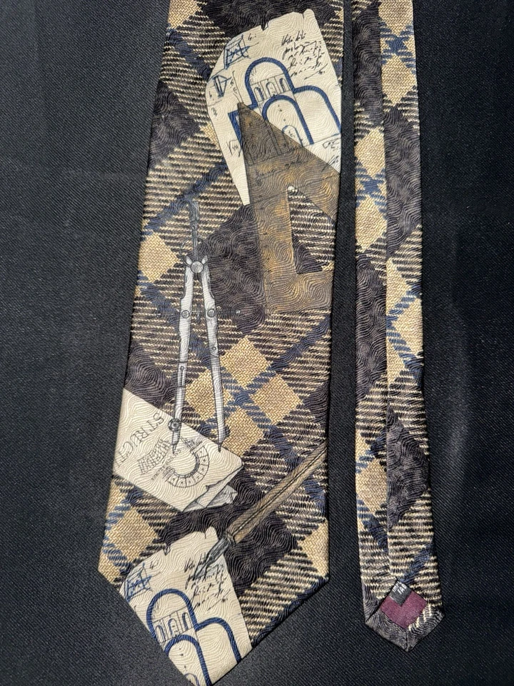 Corbata Estructura Beige Gris Cuadros Formas Abstractas Arquitecto Regalo 100% Seda Foto 3 de 4