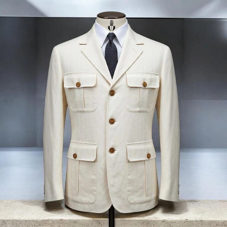 Trajes de safari vintage beige para hombre chaqueta varios bolsillos exterior caza abrigo pantalón Foto 3 de 4