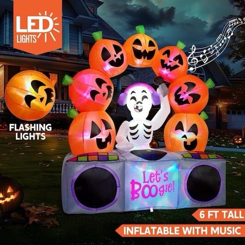 6 Ft. LED Halloween Skeleton & Pumpkin with Music Inflatable Prop Decoration New - Picture 4 of 6