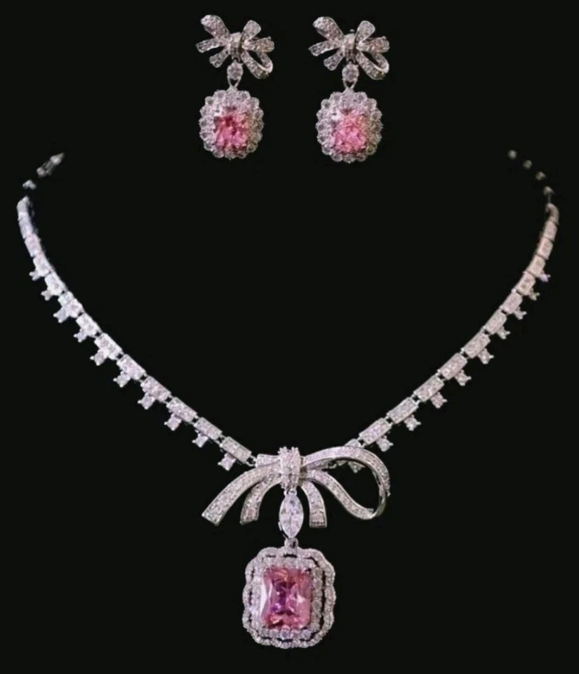 18k Platinum Plated Lab-Created Pink Marble Gemstone Jewelry Set Swarovski - Image 4 of 4
