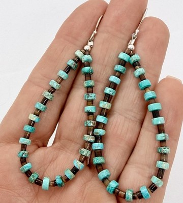 Navajo Turquoise and Shell Heishi Dangle  Sterling Silver Earrings 3  Native