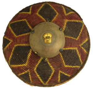 ANTIQUE ASIAN CHINESE TIBETAN TIBET "PHUB" BRAID CANE & SKULL DOMED SHIELD ARMOR
