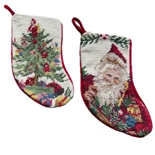 Set of 2 Wool Needlework  Mini Christmas Stockings 9” L Each READ