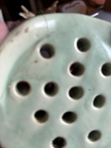 Sweet Antique Green Pottery Early Round Large Flower Frog Green 4 1/4” - Picture 6 of 7