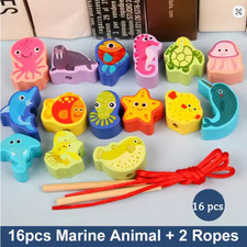 16Pcs Wooden Stringing Beads Montessori Toy - Animal Fruit Threading Toddler Gif