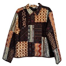 Chico  s Silk Jacket Size XL Brown Patchwork Earth Tones Print Colorful Geometric