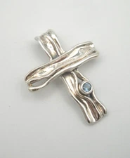 HAGIT GORALI ORGANIC STYLE CROSS W/ BLUE TOPAZ  STERLING SILVER 925  1.50" TALL