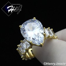 WOMEN 925 STERLING SILVER PEAR CUBIC ZIRCONIA GOLD PLATED ENGAGEMENT RING GR129