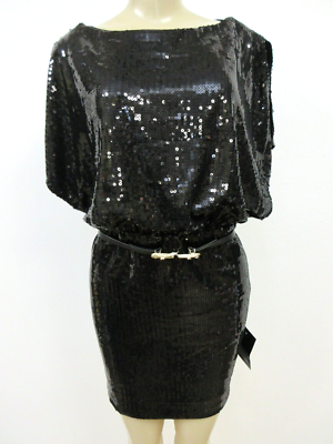Aqua Sequin Shirt Dress Black Mini Sleeveless Belted Lined Size 2 NWT | eBay
