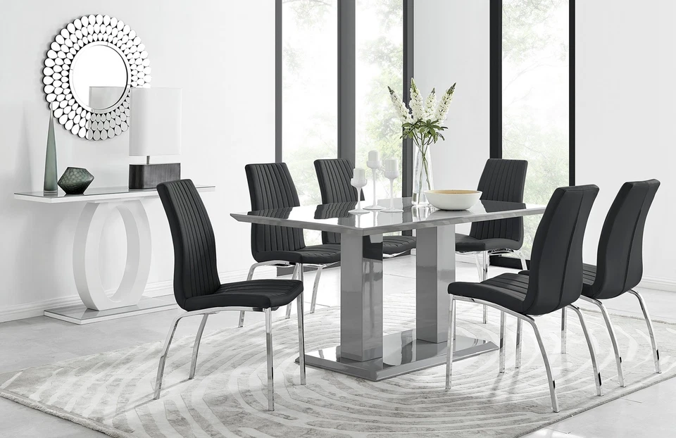 IMPERIA Grey High Gloss Dining Table And 6 Faux Leather and Chrome Dining Chairs