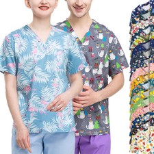100 Cotton Unisex Scrub Tops Cartoon Printing Women Men Clinic Nursing Shirt