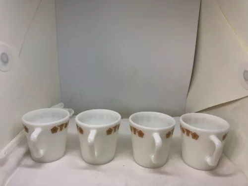 4  Pyrex Butterfly Gold D-Handle Milk Glass Coffee Cup Mugs Vintage