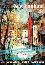 New England 1950 Delta Vintage Poster Print Retro Style Air Travel Art Decor