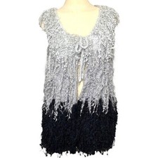 Patchington Knit Open Cardigan Vest Sz L/XL Gray Blue Fringes Artsy Sweater