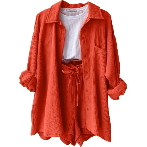 Sommer Damen Musselin Bluse Shirt und Shorts Kleidung Set Strand Outfit Zweiteiler - Bild 24 von 45