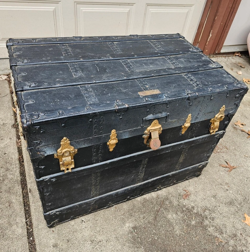 Старинный винтажный красивый C.A. Пароварка Taylor Trunk Works с плоским верхом черная - Изображение 2 из 4