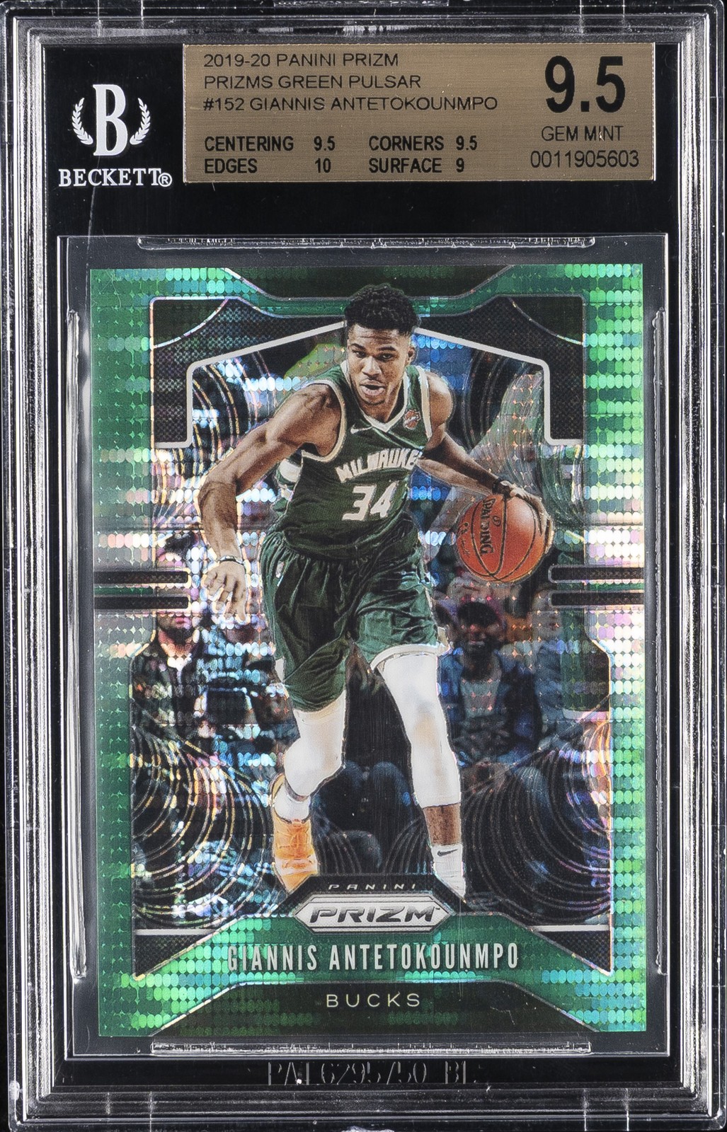 2019 PANINI PRIZM GREEN PULSAR #152 GIANNIS ANTETOKOUNMPO #/25 BGS 9.5 view 1