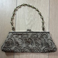 Bronze Beaded Satin Evening Clutch Bag Kiss Lock Swirl Pattern Handle Art Deco