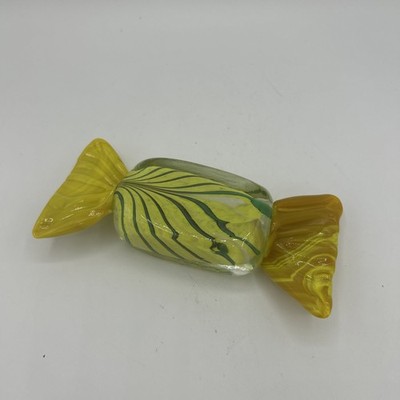 Vintage Large Glass Hand Made Yellow With Green Stripes Candy 7  Long