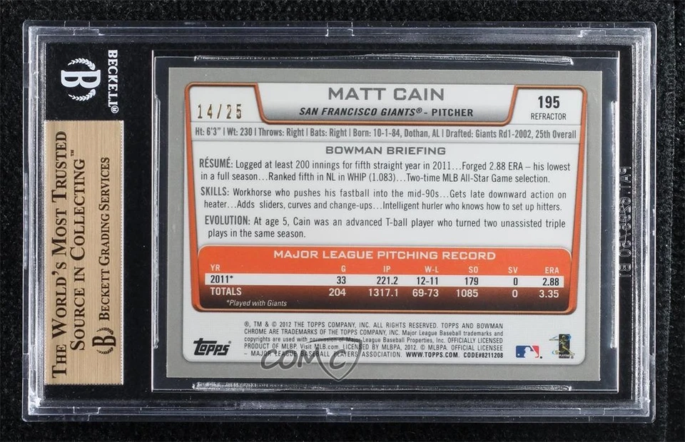 2012 Bowman Chrome Orange Refractor /25 Matt Cain #195 BGS 9.5 GEM MINT - Image 2 of 2
