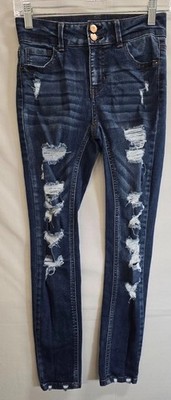 Vanilla Star Jeans Womens 0 Blue Denim Cotton Stretch Mid Rise Skinny Distressed