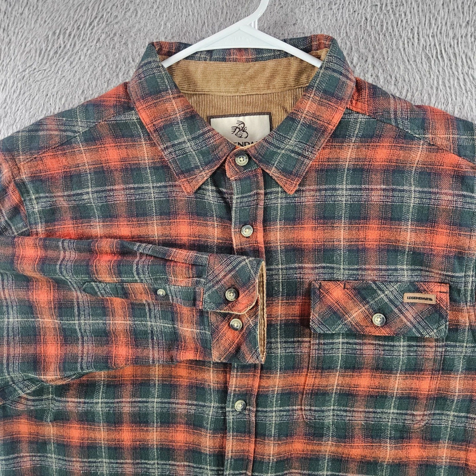 Legendary Whitetails Mens Large Orange Green Plaid Flannel Button Down Shirt