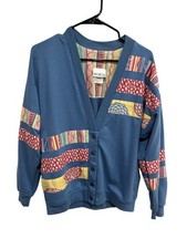 Vintage Marcia Medium Blue Patchwork Striped Cardigan Boho Grannycore Cottage