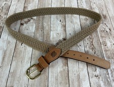 Braided Belt Mens 38 Khaki Woven Leather Solid Brass Buckle Made in USA Casual