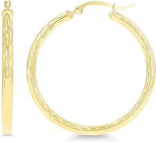 14K Yellow Gold Solid Polished 3Mm Thick Diamond Cut Hoop Earrings for Women  C