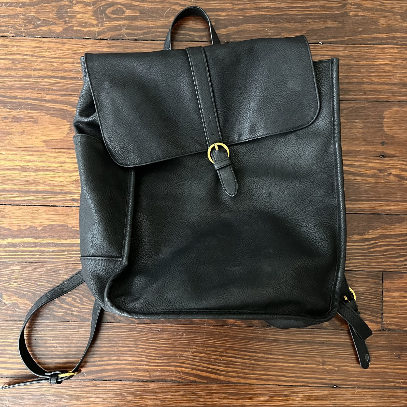 Purse Black Bag Backpack Faux Leather Snap Closur… - image 1