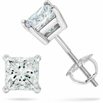 1 ct White Sapphire Princess Stud Screw BackEarrings in Solid 14k White Gold