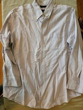 Chaps Mens Dress Shirt, Size L, Light Blue W/ White Pinstripes