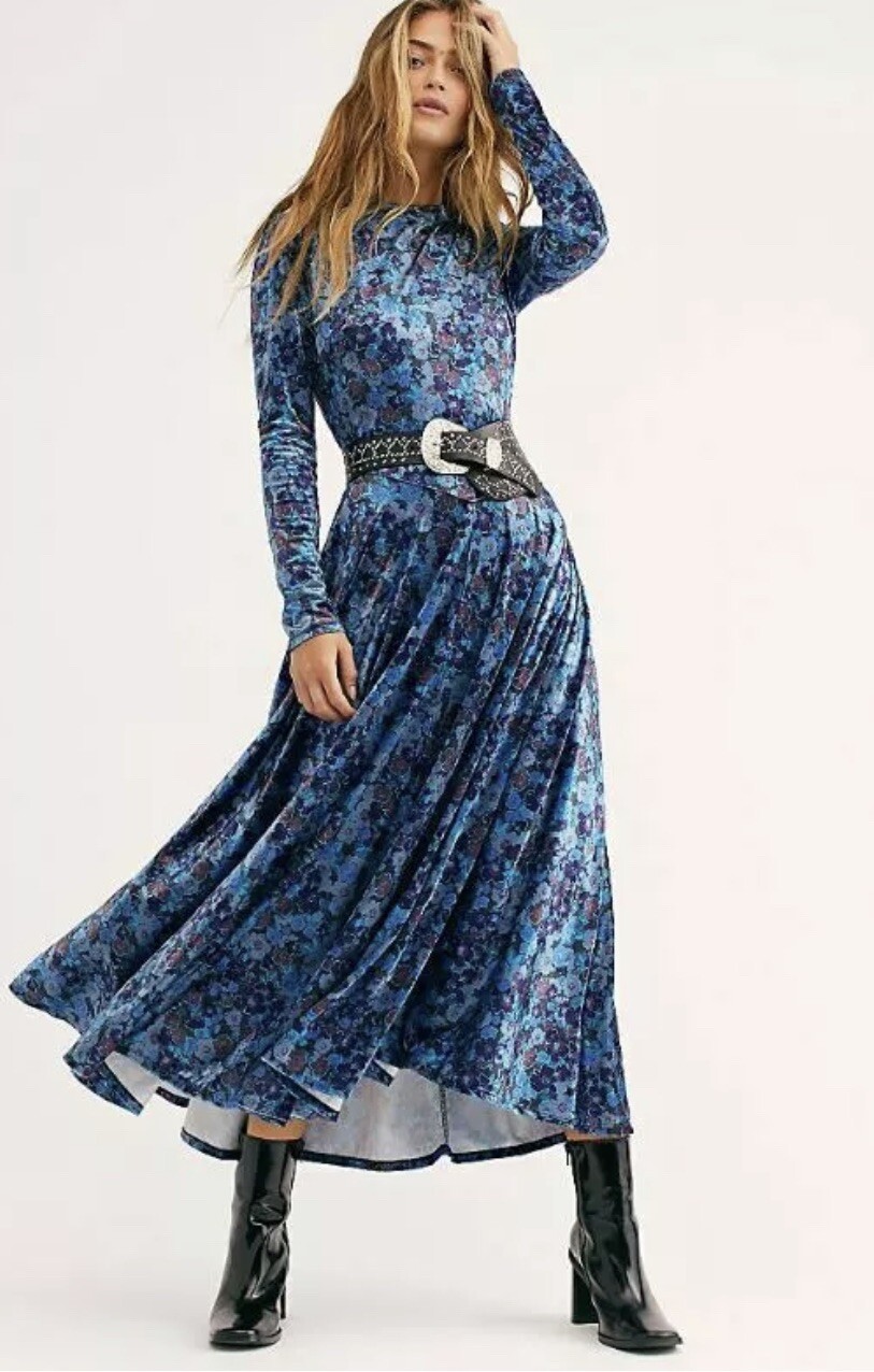 Free People Heartland velvet midi dress onyx combo size Small | eBay