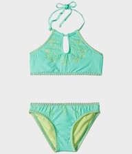  150 Hobie Kids Girl Green Contrast Stitched Laser Cut Halter Bikini Swimwear 7