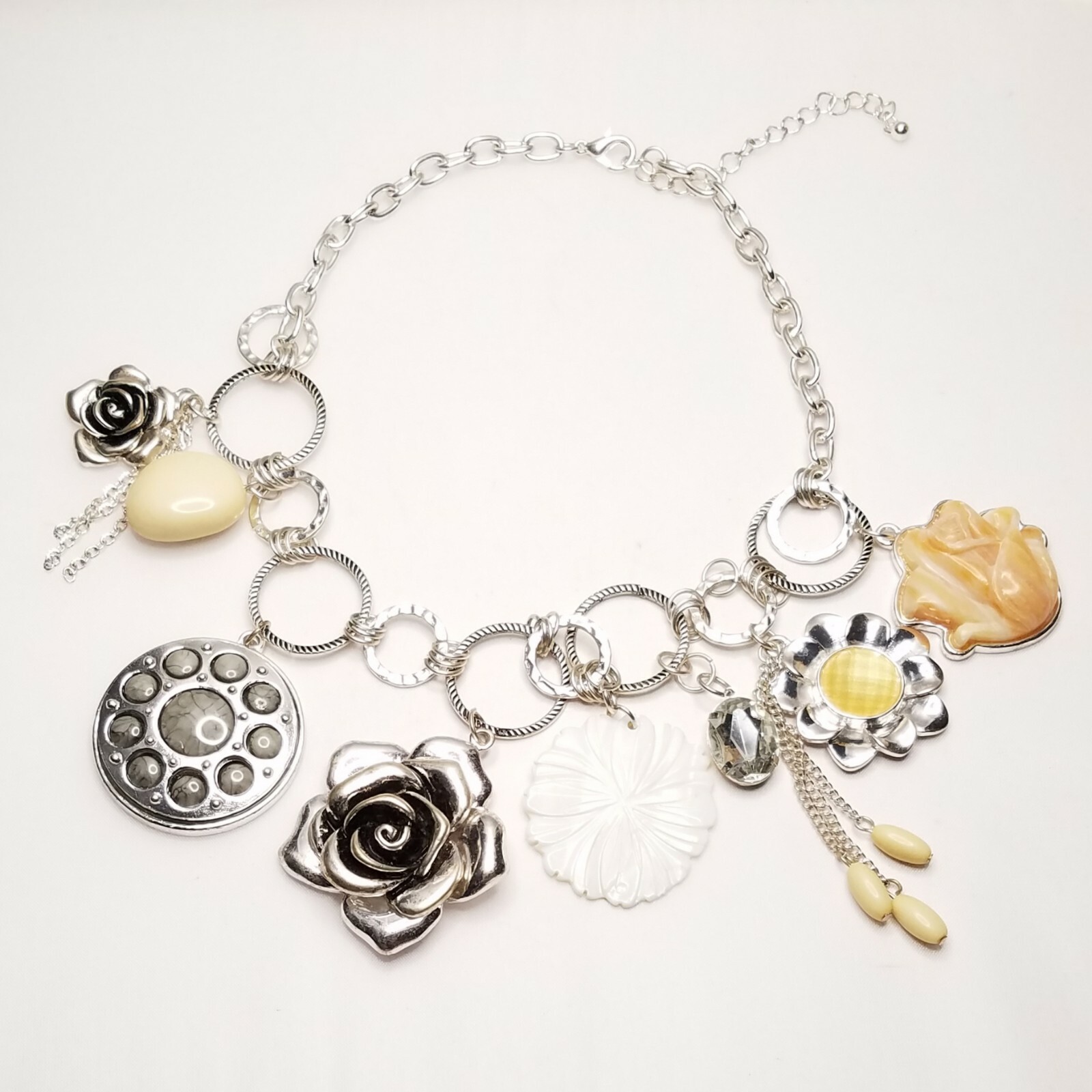 Bold Chunky Statement Flower Rose Shell Silver To… - image 2