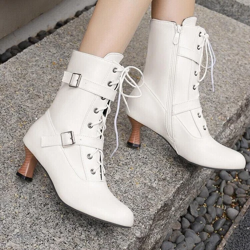Womens Chic Shoes Round Toe Lace Up Buckle Straps Mid Heel Ankle Boots - Picture 3 of 31