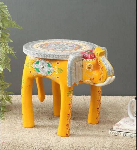 12 INCH WOODEN HANDCRAFTED EMBOSS PAINTED ELEPHANT STOOL TABLE FOR HOME DECOR