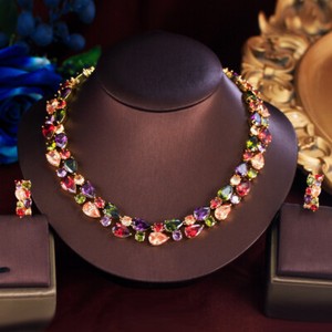 Authentic Charm Gold Plated Multicolor Cubic Zirconia Necklace Earrings Bridal Jewelry Set