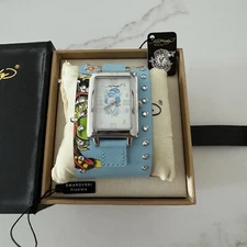 Ed Hardy Womens Watch Silver Rectangle Blue Floral Butterfly Leather Band GEISHA