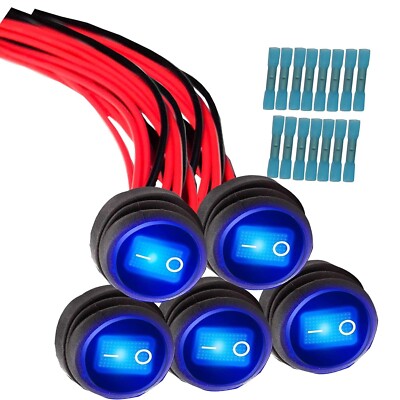 5 Pack 12 Volt 3-pin Waterproof Round Rocker Switch w/20cm Detachable Wires