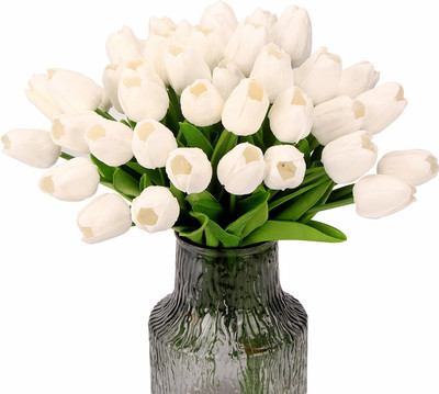 20 Pcs White Tulips Artificial Flowers with Soft Latex Materials, Spring Summer 