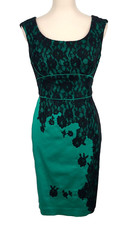 NEW Kay Unger women's 8 emerald green black lace sheath dress sleeveless empire