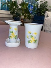 Vintage Japan White/Yellow Flowers Porcelain Toothbrush Holder And Tumbler
