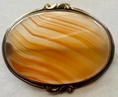 Antique Victorian Gold Tone Banded Agate Brooch Pin