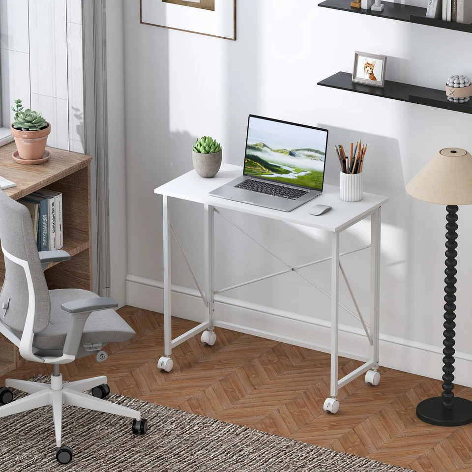 HOMCOM Folding Desk on Wheels, Writing Table for Home Office, White - Image 2 of 4